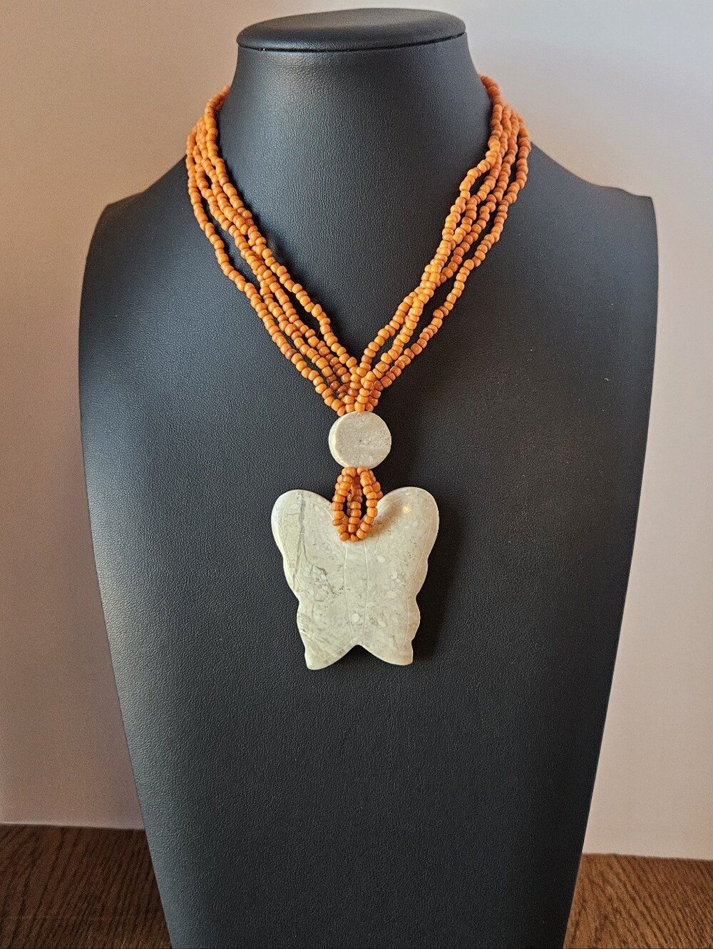 Carved Stone Butterfly Pendant Necklace Multi Strand Orange Seed Bead Boho State